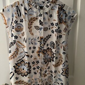 Ann Taylor Tan and Blue Ruffled Cap Sleeve Blouse